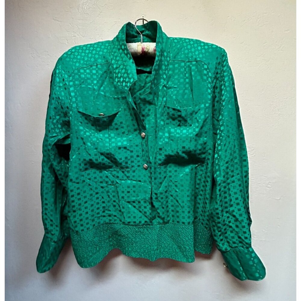 Vintage Starington Womens Long Sleeve Silk Button Up Shirt Sz 10 Green Geometric